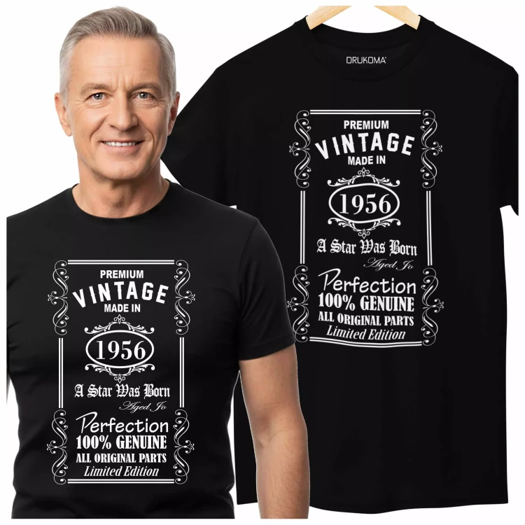Koszulka na 70 LAT urodziny z napisem Premium vintage made in 1956 a star was born aged to perfection 100% genuine all original.webp