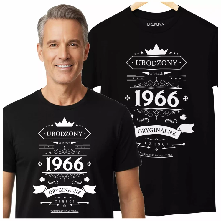 Koszulka na urodziny na 60 sześćdziesiątkę z napisem Urodzony w latach 1966 oryginalne części większość wciąż działa  (2).webp