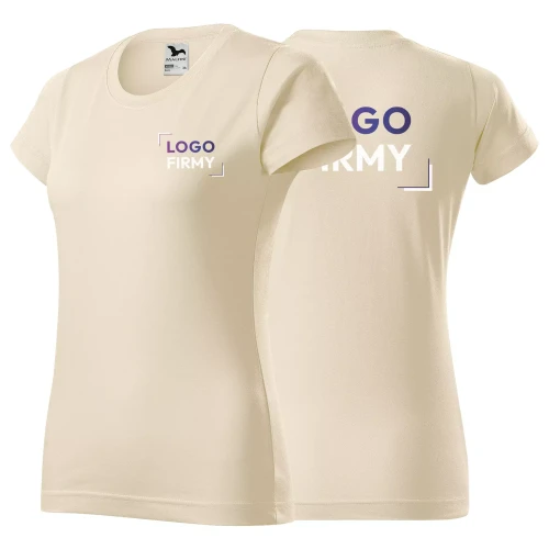 Koszulka z krótkim rękawem z logo na sercu i plecach damska z nadrukiem logo firmy 160g BASIC134 kolor MIGDAŁOWY 21 koszulka krótki rękaw (6).webp