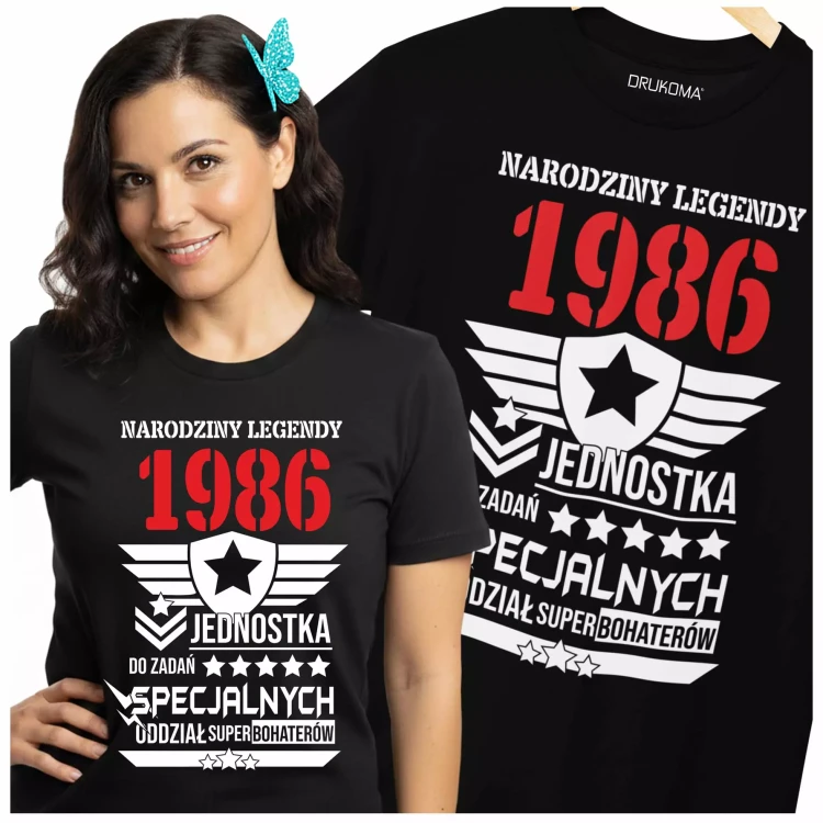 Koszulka damska dla kobiety na 40 czterdzieste urodziny NARODZINY LEGENDY 1986 JEDNOSTKA DO ZADAŃ SPECJALNYCH ODZIAŁ SUP (1).webp