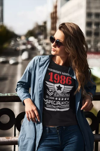 Koszulka damska dla kobiety na 40 czterdzieste urodziny NARODZINY LEGENDY 1986 JEDNOSTKA DO ZADAŃ SPECJALNYCH ODZIAŁ SUP.webp