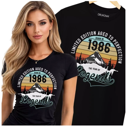 Koszulka damska na 40 urodziny na czterdziestkę z napisem LIMITED EDITION AGED TO PERFECTION BORN IN 1986 THE YEAR OF LEGENDS (1).webp