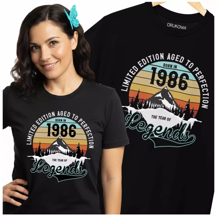 Koszulka damska na 40 urodziny na czterdziestkę z napisem LIMITED EDITION AGED TO PERFECTION BORN IN 1986 THE YEAR OF LEGENDS ( (4).webp