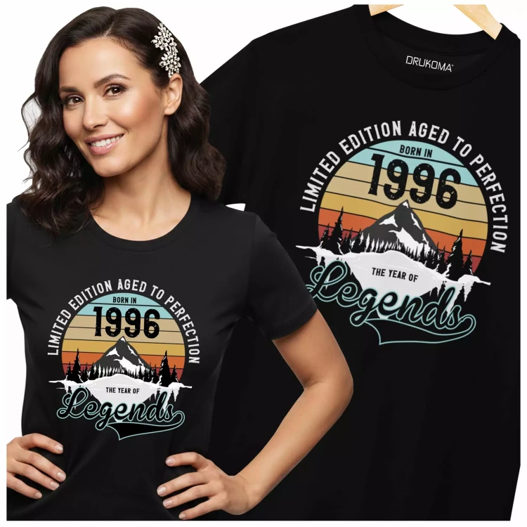 Koszulka damska na 30 urodziny na trzydziestkę z napisem LIMITED EDITION AGED TO PERFECTION BORN IN 1996 THE YEAR OF LEGENDS (1.webp