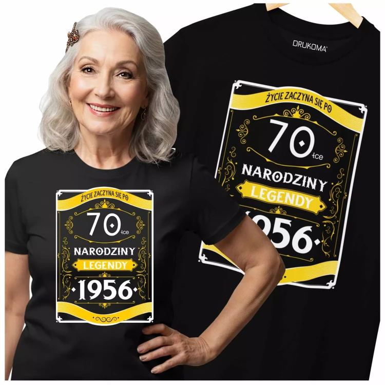 Koszulka damska na 70 urodziny na siedemdziesiątkę z napisem 70 LAT ŻYCIE ZACZYNA SIĘ PO 70-TCE NARODZINY LEGENDY .webp