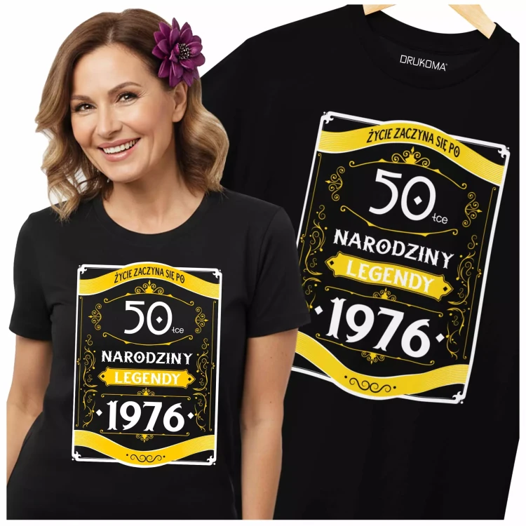 Koszulka damska na 50 urodziny na pięćdziesiątkę z napisem 50 LAT ŻYCIE ZACZYNA SIĘ PO 50-TCE NARODZINY LEGENDY 19 (4).webp