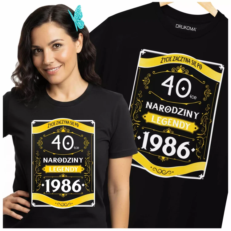 Koszulka damska na 40 urodziny na czterdziestkę z napisem 40 LAT ŻYCIE ZACZYNA SIĘ PO 40-TCE NARODZINY LEGENDY 198.webp