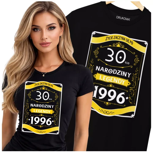 Koszulka damska na 30 urodziny na trzydziestkę z napisem 30 LAT ŻYCIE ZACZYNA SIĘ PO 30-TCE NARODZINY LEGENDY 1996 (3).webp