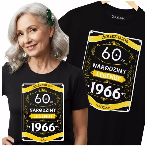Koszulka damska na 60 urodziny na sześćdziesiątkę z napisem 60 LAT ŻYCIE ZACZYNA SIĘ PO 60-TCE NARODZINY LEGENDY 1.webp