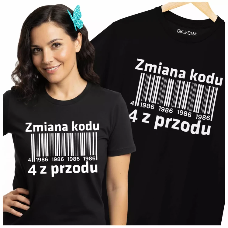 Koszulka damska dla kobiety na 40 urodziny z napisem ZMIANA KODU 4 Z PRZODU 1986  (2).webp