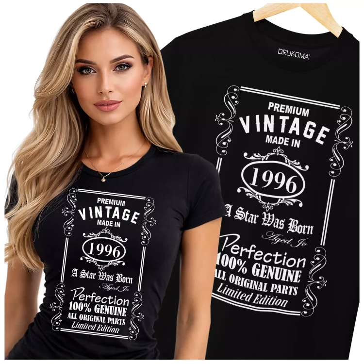 Koszulka damska dla kobiety na 30 trzydzieste urodziny z nadrukiem PREMIUM VINTAGE MADE IN 1996 A STAR WAS BORN AGED TO (4).webp