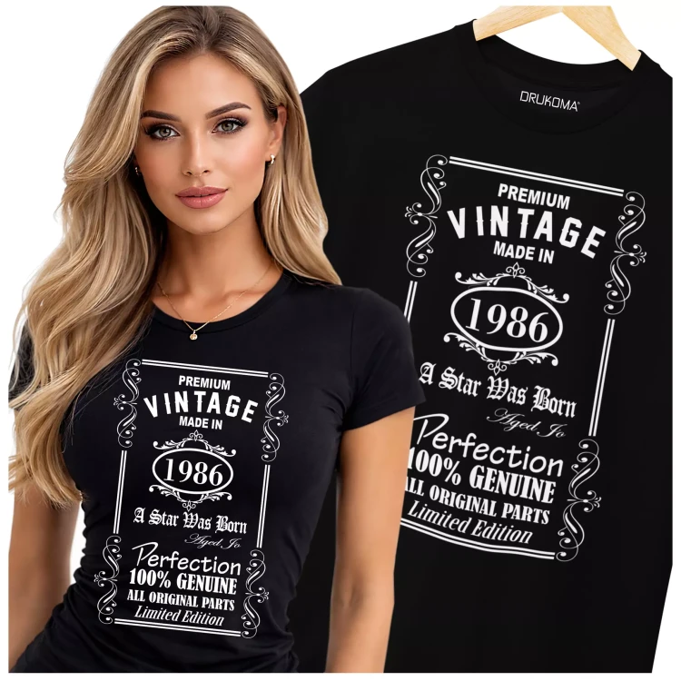 Koszulka damska dla kobiety na 40 czterdzieste urodziny z nadrukiem PREMIUM VINTAGE MADE IN 1986 A STAR WAS BORN AGED T.webp