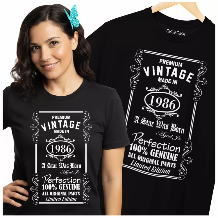 Koszulka damska dla kobiety na 40 czterdzieste urodziny z nadrukiem PREMIUM VINTAGE MADE IN 1986 A STAR WAS BORN AGED T (4).webp