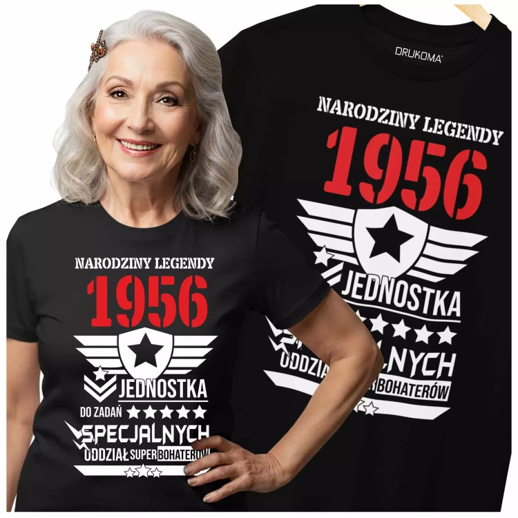 Koszulka damska dla kobiety na 70 siedemdziesiąte urodziny NARODZINY LEGENDY 1956 JEDNOSTKA DO ZADAŃ SPECJALNYCH ODZI.webp