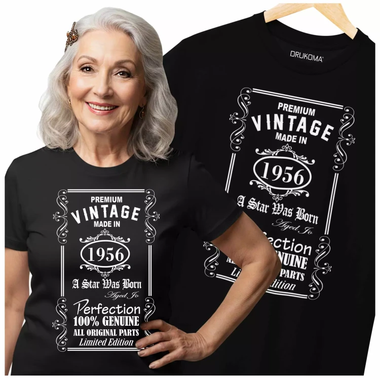 Koszulka damska dla kobiety na 70 siedemdziesiąte urodziny z nadrukiem PREMIUM VINTAGE MADE IN 1956 A STAR WAS BORN AGE.webp
