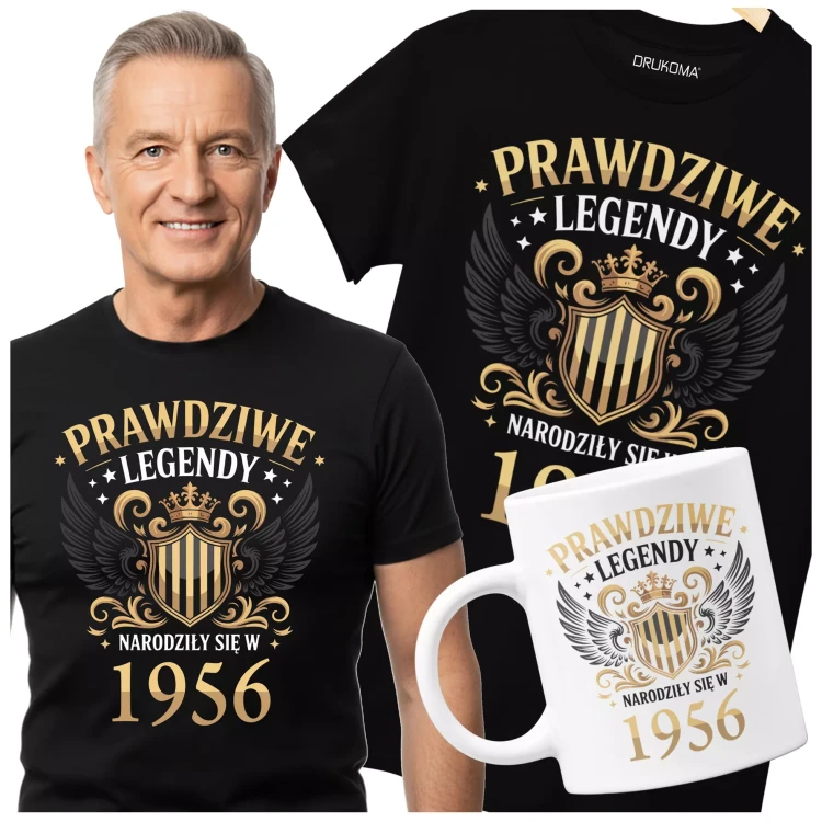 Koszulka z kubkiem na urodziny na 70 SIEDEMDZIESIĄTKĘ Z NADRUKIEM PRAWDZIWE LEGENDY NARODZIŁY SIĘ W 1956 (2).webp