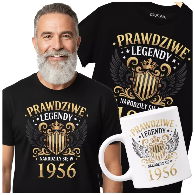 Koszulka z kubkiem na urodziny na 70 SIEDEMDZIESIĄTKĘ Z NADRUKIEM PRAWDZIWE LEGENDY NARODZIŁY SIĘ W 1956 (3).webp