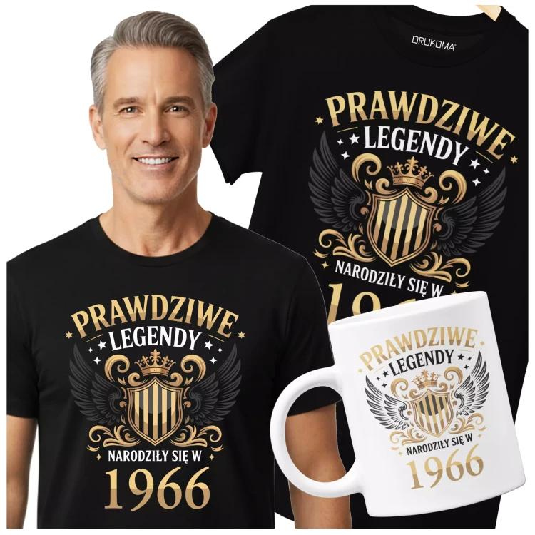 Koszulka z kubkiem na 60 lat urodziny sześćdziesiąte urodziny z napisem PRAWDZIWE LEGENDY NARODZIŁY SIĘ W 1966 (.webp