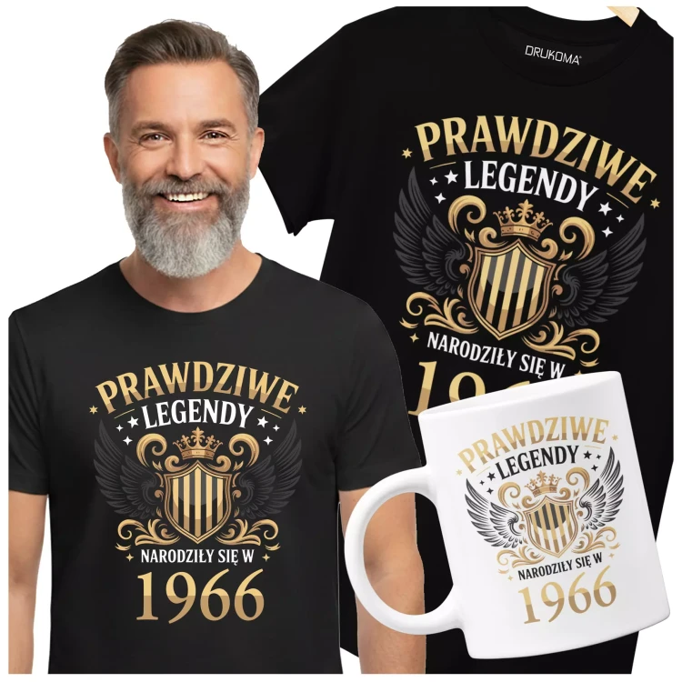 Koszulka z kubkiem na 60 lat urodziny sześćdziesiąte urodziny z napisem PRAWDZIWE LEGENDY NARODZIŁY SIĘ W 1966 ( (3).webp