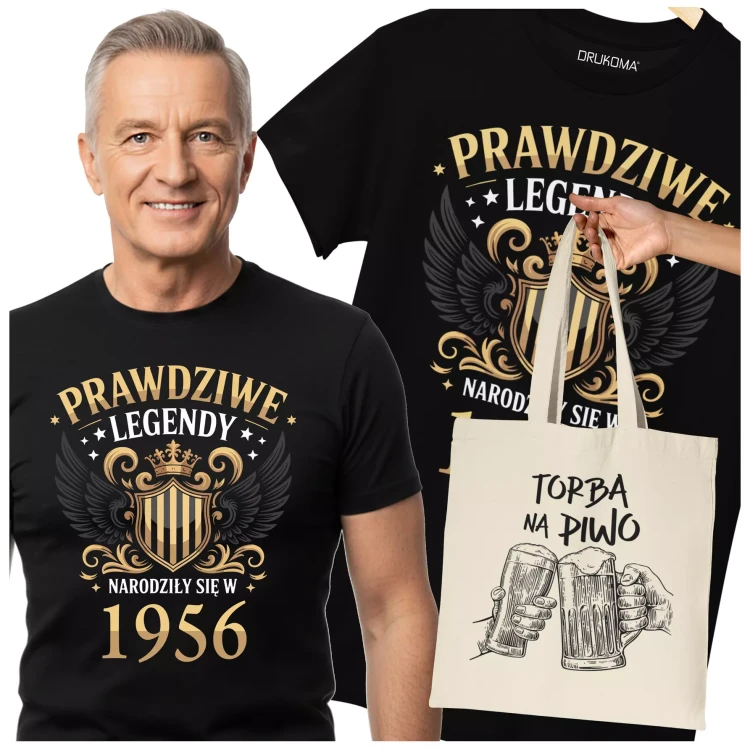 Koszulka z torbą na urodziny na 70 SIEDEMDZIESIĄTKĘ Z NADRUKIEM PRAWDZIWE LEGENDY NARODZIŁY SIĘ W 1956 (2).webp