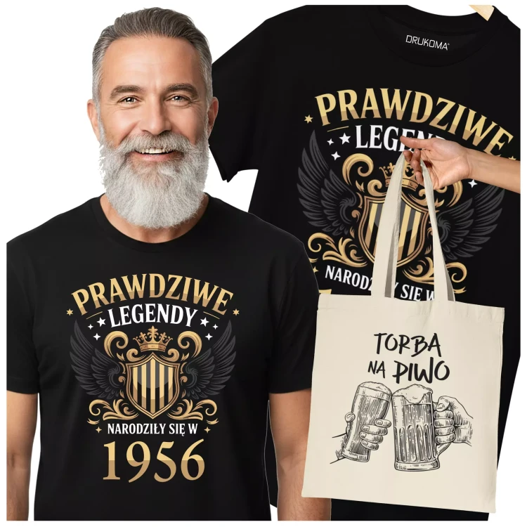 Koszulka z torbą na urodziny na 70 SIEDEMDZIESIĄTKĘ Z NADRUKIEM PRAWDZIWE LEGENDY NARODZIŁY SIĘ W 1956 (1).webp