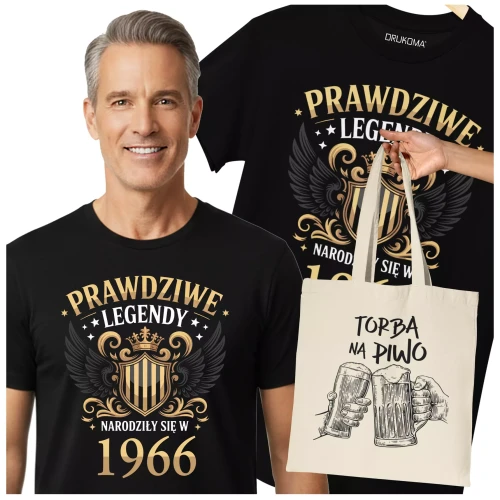 Koszulka z torbą na 60 lat urodziny sześćdziesiąte urodziny z napisem PRAWDZIWE LEGENDY NARODZIŁY SIĘ W 1966 (1).webp