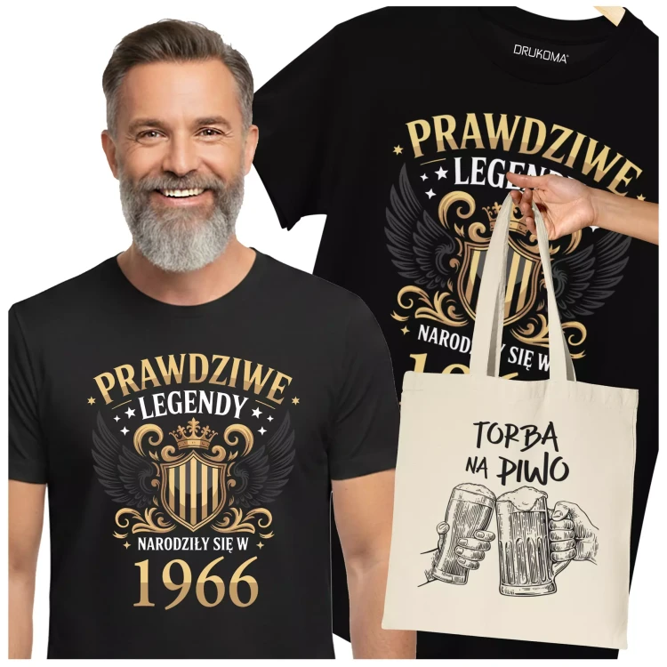 Koszulka z torbą na 60 lat urodziny sześćdziesiąte urodziny z napisem PRAWDZIWE LEGENDY NARODZIŁY SIĘ W 1966 (2).webp