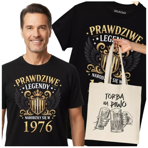 Koszulka z torbą na urodziny na 50 PIĘĆDZIESIĄTKĘ z napisem PRAWDZIWE LEGENDY NARODZIŁY SIĘ W 1976 (1).webp