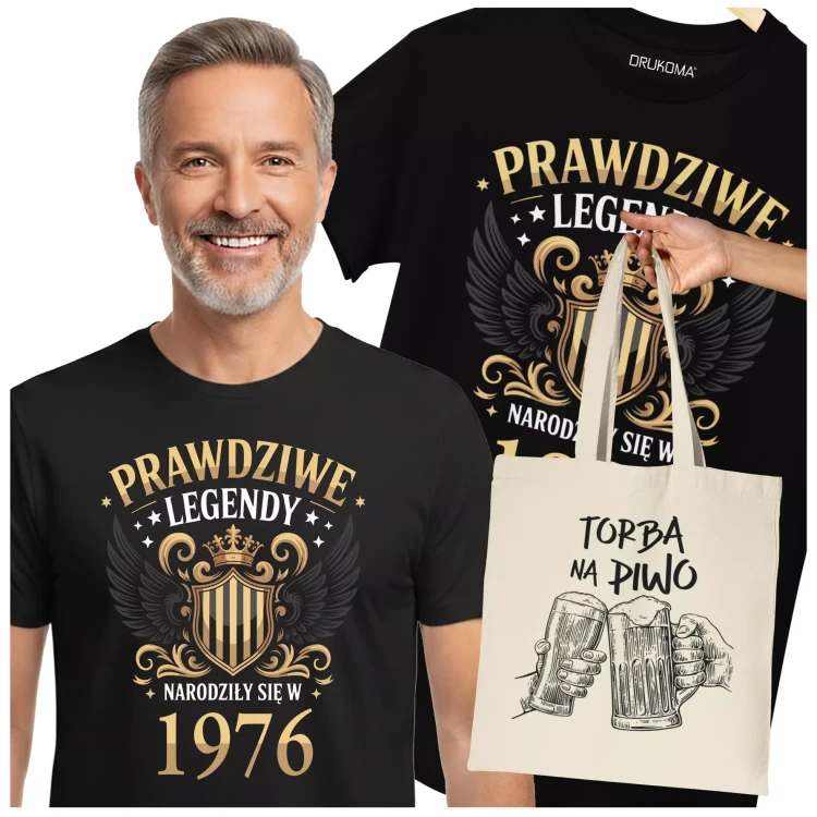 Koszulka z torbą na urodziny na 50 PIĘĆDZIESIĄTKĘ z napisem PRAWDZIWE LEGENDY NARODZIŁY SIĘ W 1976 (2).webp