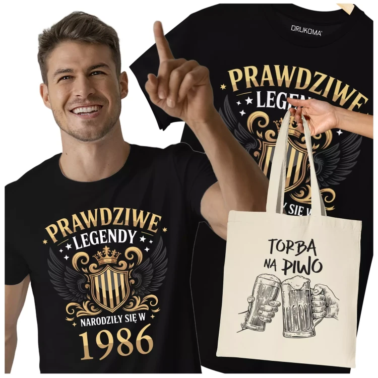 Koszulka z torbą na urodziny na 40 CZERDZISTKĘ z napisem PRAWDZIWE LEGENDY NARODZIŁY SIĘ W 1986 (1).webp