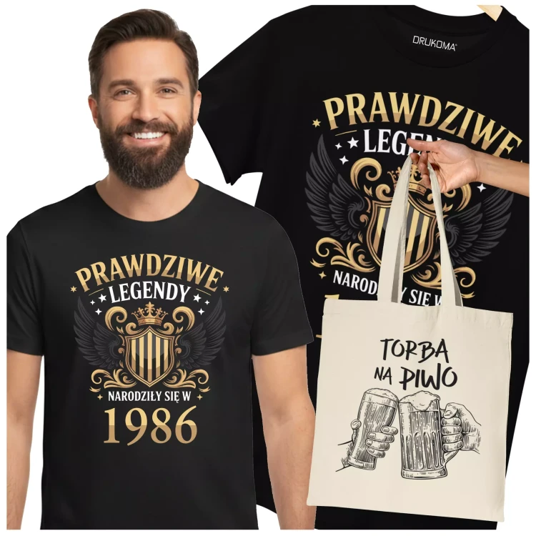 Koszulka z torbą na urodziny na 40 CZERDZISTKĘ z napisem PRAWDZIWE LEGENDY NARODZIŁY SIĘ W 1986 (2).webp