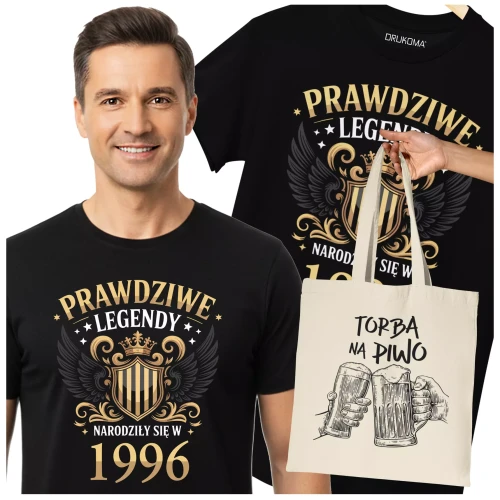 Koszulka z torbą na urodziny na 30 TRZYDZIESTKĘ z napisem PRAWDZIWE LEGENDY NARODZIŁY SIĘ W 1996 (1).webp