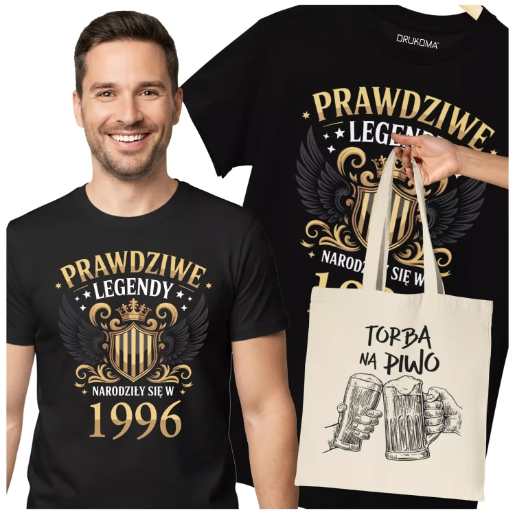 Koszulka z torbą na urodziny na 30 TRZYDZIESTKĘ z napisem PRAWDZIWE LEGENDY NARODZIŁY SIĘ W 1996 (2).webp