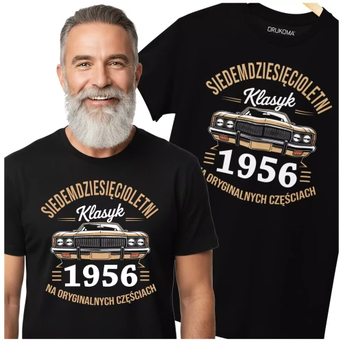 Koszulka na urodziny na 70 SIEDEMDZIESIĄTKĘ Z NADRUKIEM SIEDEMDZIESIĘCIOLETNI KLASYK 1956 NA ORYGINALNYCH CZĘŚCIACH (3).webp