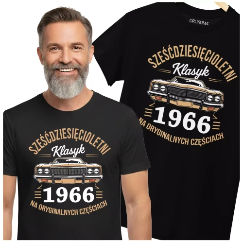 Koszulka na 60 lat urodziny sześćdziesiąte urodziny z napisem SZEŚĆDZIESIĘCIOLETNI KLASYK 1966 NA ORYGINALNYCH CZĘŚCIACH (3).webp