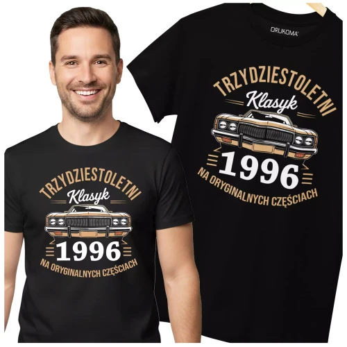 Koszulka na urodziny na 30 TRZYDZIESTKĘ z napisem TRZYDZIESTOLETNI KLASYK 1996 NA ORYGINALNYCH CZĘŚCIACH (3).webp
