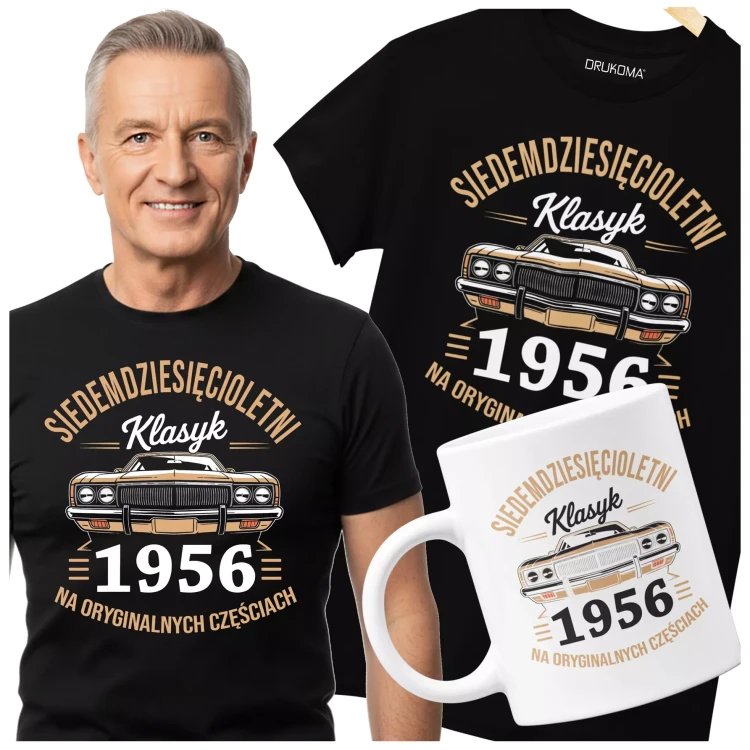 Koszulka z kubkiem na urodziny na 70 SIEDEMDZIESIĄTKĘ Z NADRUKIEM SIEDEMDZIESIĘCIOLETNI KLASYK 1956 NA ORYGINALNYCH CZ (4).webp