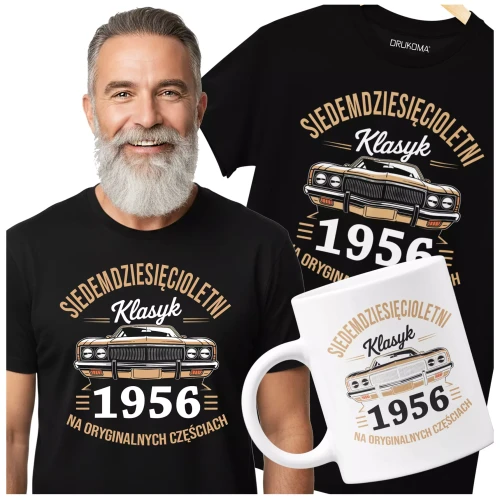 Koszulka z kubkiem na urodziny na 70 SIEDEMDZIESIĄTKĘ Z NADRUKIEM SIEDEMDZIESIĘCIOLETNI KLASYK 1956 NA ORYGINALNYCH CZ (3).webp