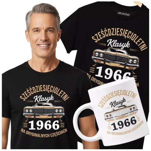 Koszulka z kubkiem na 60 lat urodziny sześćdziesiąte urodziny z napisem SZEŚĆDZIESIĘCIOLETNI KLASYK 1966 NA ORYGINALNY (4).webp