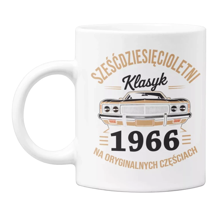 Koszulka z kubkiem na 60 lat urodziny sześćdziesiąte urodziny z napisem SZEŚĆDZIESIĘCIOLETNI KLASYK 1966 NA ORYGINALNY.webp
