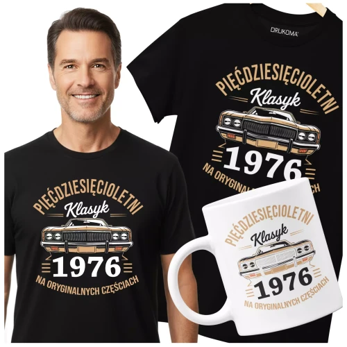 Koszulka z kubkiem na urodziny na 50 PIĘĆDZIESIĄTKĘ z napisem PIĘĆDZISIĘCIOLETNI KLASYK 1976 NA ORYGINALNYCH CZĘŚCIACH (5).webp