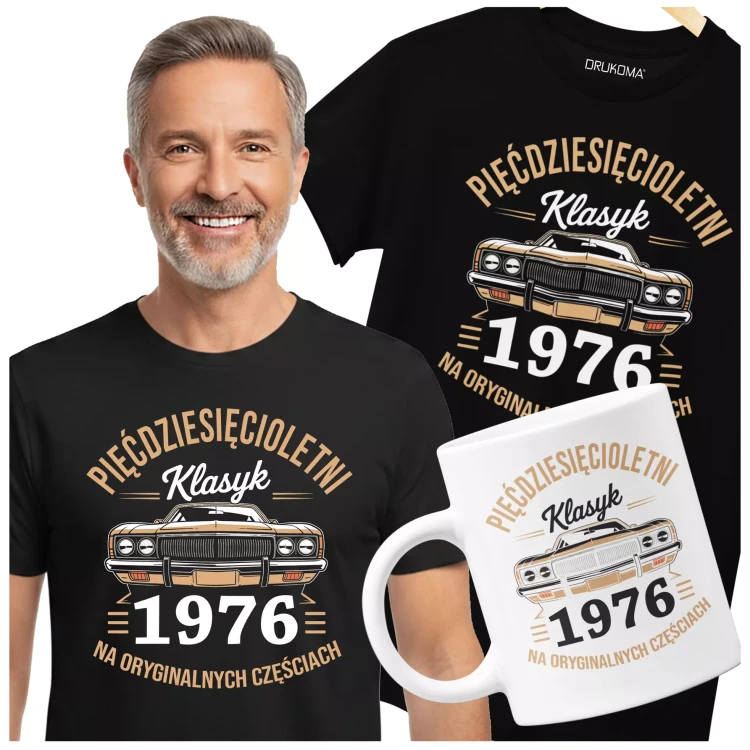 Koszulka z kubkiem na urodziny na 50 PIĘĆDZIESIĄTKĘ z napisem PIĘĆDZISIĘCIOLETNI KLASYK 1976 NA ORYGINALNYCH CZĘŚCIACH (4).webp