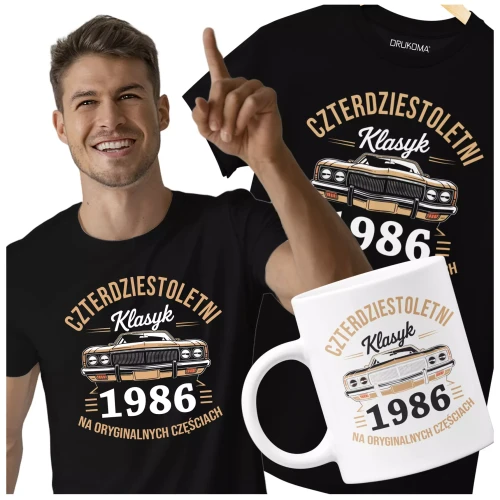 Koszulka z kubkiem na urodziny na 40 CZERDZISTKĘ z napisem CZTERDZIESTOLETNI KLASYK 1986 NA ORYGINALNYCH CZĘŚCIACH (3).webp