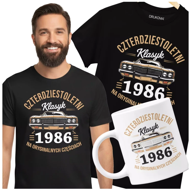 Koszulka z kubkiem na urodziny na 40 CZERDZISTKĘ z napisem CZTERDZIESTOLETNI KLASYK 1986 NA ORYGINALNYCH CZĘŚCIACH (2).webp