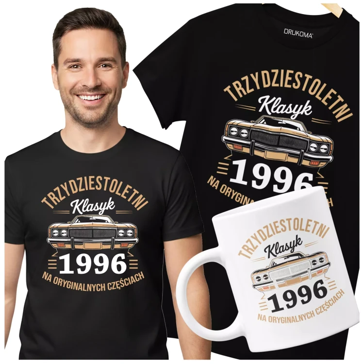 Koszulka z kubkiem na urodziny na 30 TRZYDZIESTKĘ z napisem TRZYDZIESTOLETNI KLASYK 1996 NA ORYGINALNYCH CZĘŚCIACH (4).webp