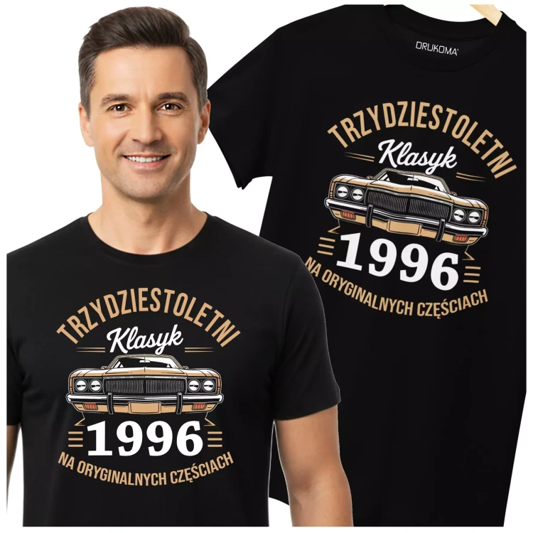 Koszulka na urodziny na 30 TRZYDZIESTKĘ z napisem TRZYDZIESTOLETNI KLASYK 1996 NA ORYGINALNYCH CZĘŚCIACH (2).webp