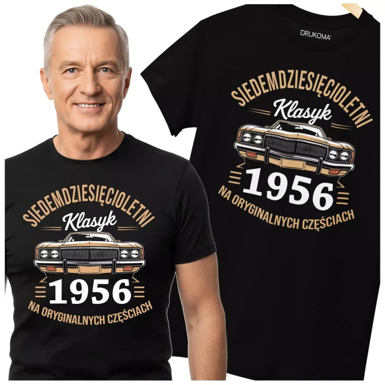 Koszulka na urodziny na 70 SIEDEMDZIESIĄTKĘ Z NADRUKIEM SIEDEMDZIESIĘCIOLETNI KLASYK 1956 NA ORYGINALNYCH CZĘŚCIACH (2).webp