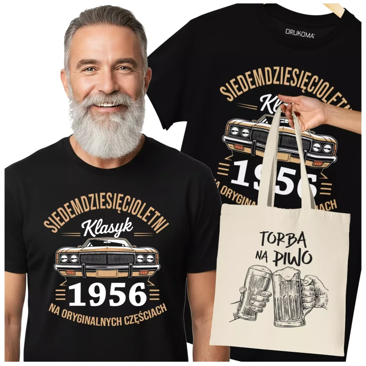 Koszulka z torbą na urodziny na 70 SIEDEMDZIESIĄTKĘ Z NADRUKIEM SIEDEMDZIESIĘCIOLETNI KLASYK 1956 NA ORYGINALNYCH CZĘŚ.webp