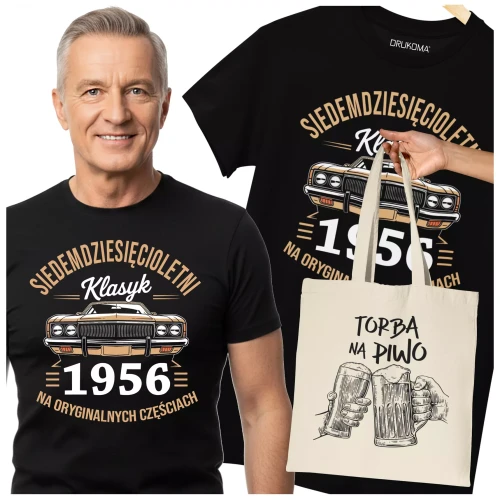 Koszulka z torbą na urodziny na 70 SIEDEMDZIESIĄTKĘ Z NADRUKIEM SIEDEMDZIESIĘCIOLETNI KLASYK 1956 NA ORYGINALNYCH CZĘŚCIA (1).webp