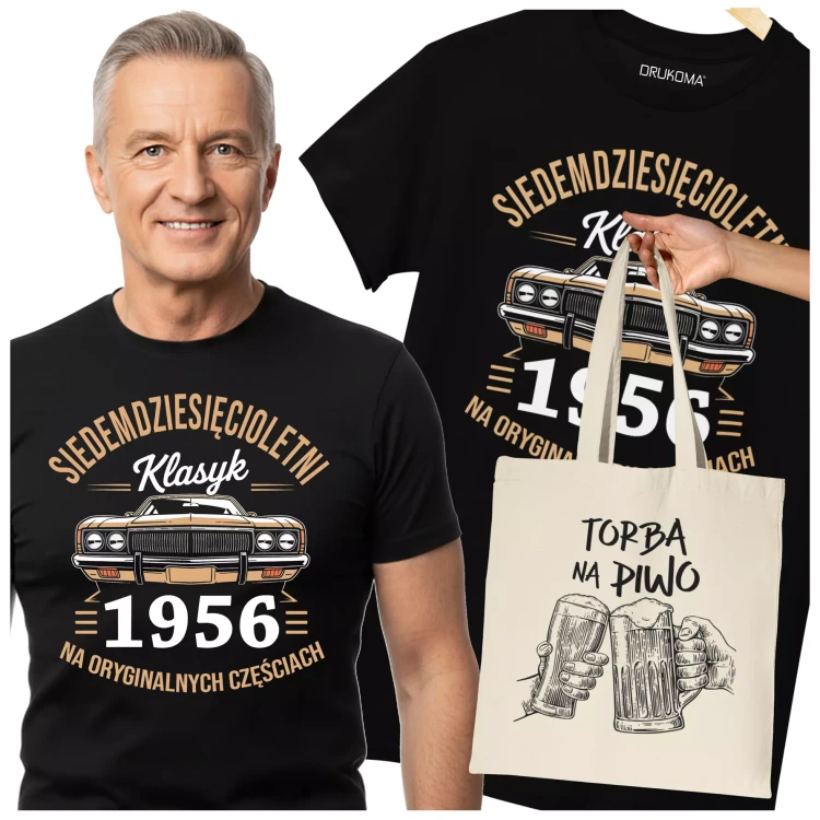 Koszulka z torbą na urodziny na 70 SIEDEMDZIESIĄTKĘ Z NADRUKIEM SIEDEMDZIESIĘCIOLETNI KLASYK 1956 NA ORYGINALNYCH CZĘŚCIA (1).webp